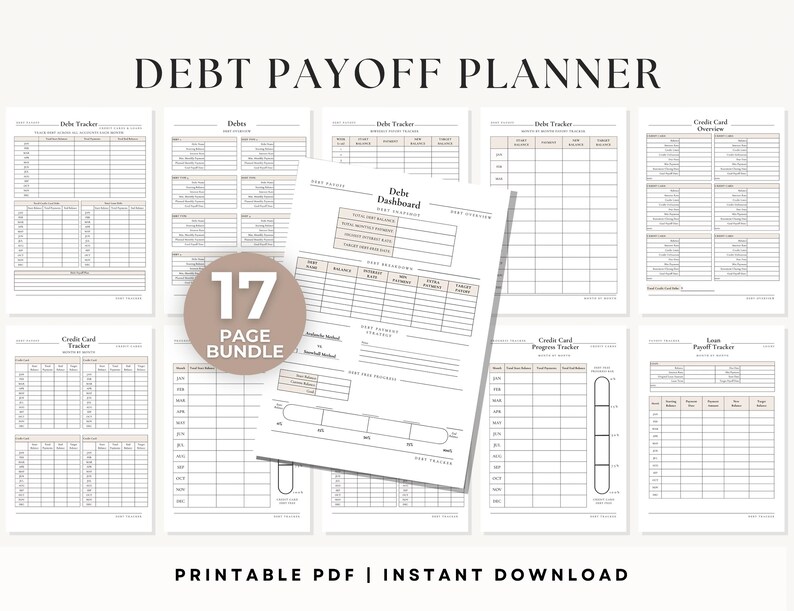 Debt payoff planner printable bundle featuring 17 pages including debt tracker, snowball and avalanche payoff worksheets, credit card and loan trackers in neutral beige design for budgeting and financial planning