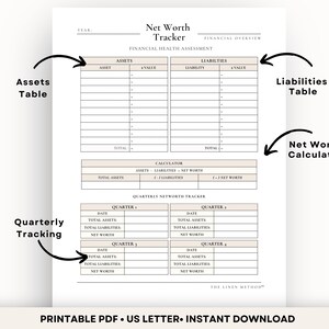 Net worth tracker worksheet aesthetic desk setup, printable finance planner, wealth tracking sheet, assets table, liabilities table, net worth calculator, quarterly tracking
