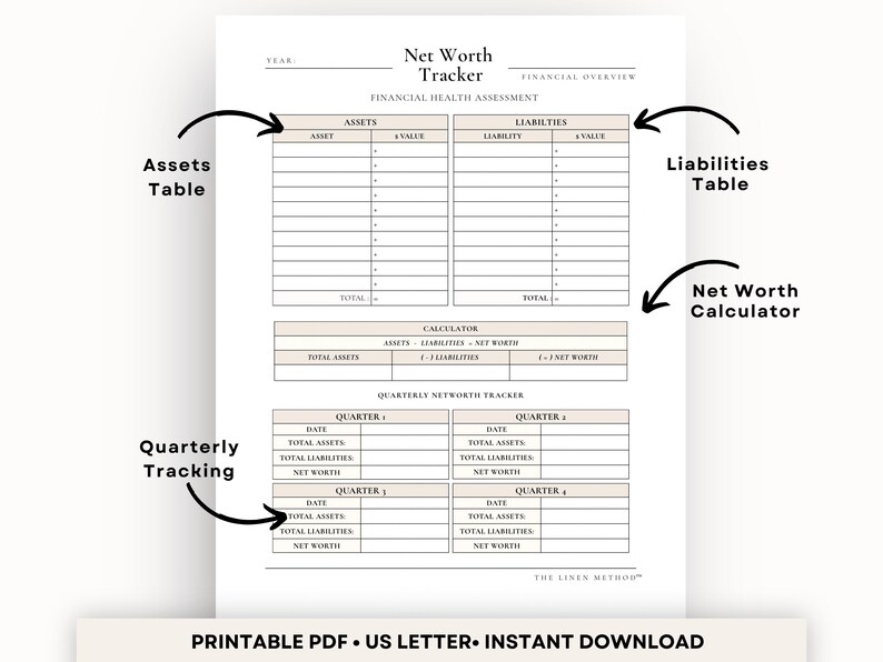 Net worth tracker worksheet aesthetic desk setup, printable finance planner, wealth tracking sheet, assets table, liabilities table, net worth calculator, quarterly tracking