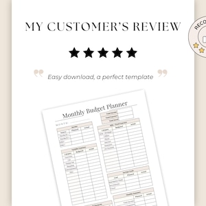 Minimalist Etsy review mockup featuring a 5-star customer review for a Monthly Budget Planner printable. Neutral beige and white aesthetic with elegant typography, “Easy download, a perfect template” review quote, recommendation badge, and planner worksheet preview for digital budgeting and finance organization.