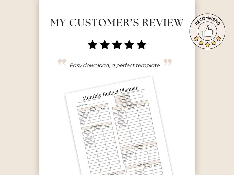 Minimalist Etsy review mockup featuring a 5-star customer review for a Monthly Budget Planner printable. Neutral beige and white aesthetic with elegant typography, “Easy download, a perfect template” review quote, recommendation badge, and planner worksheet preview for digital budgeting and finance organization.