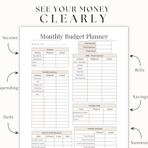 budget planner layout with income, expenses, savings, and debt sections, printable monthly budget worksheet PDF