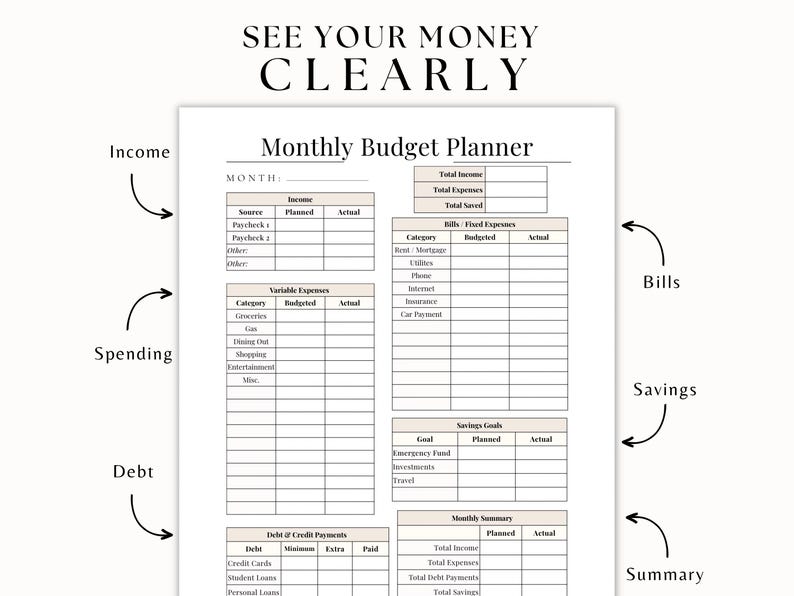 budget planner layout with income, expenses, savings, and debt sections, printable monthly budget worksheet PDF