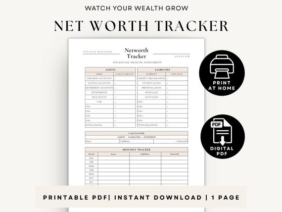 Net Worth Tracker Printable PDF | Wealth Assessment Worksheet | Finance Planner Insert