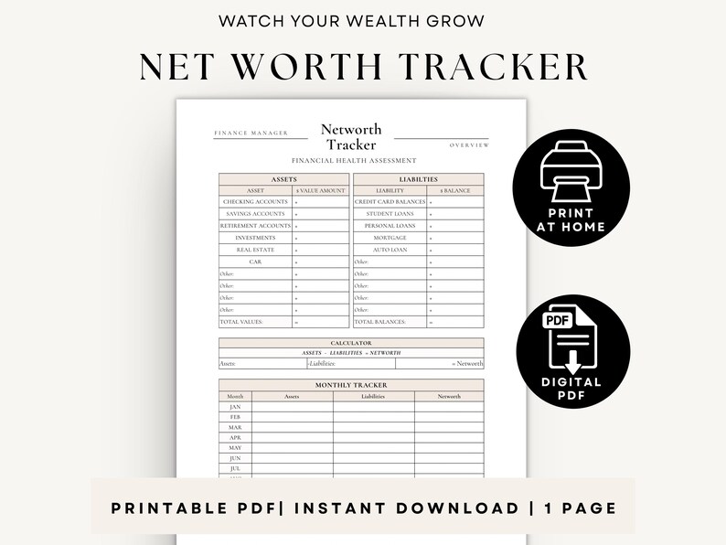 Net worth tracker printable PDF, minimalist finance planner, track assets and liabilities, financial overview worksheet, aesthetic budget planner