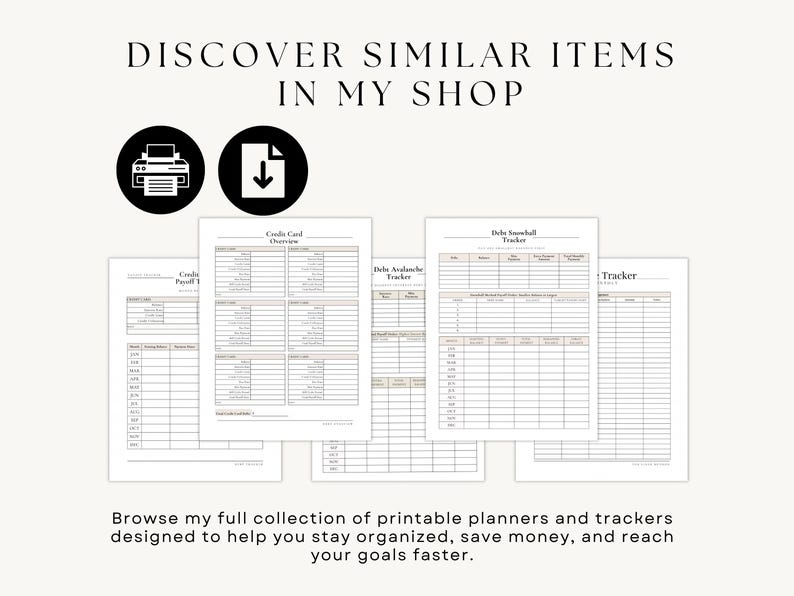 Printable finance planners and budget trackers including debt snowball, avalanche, and credit card trackers with instant download for easy financial organization