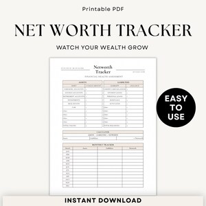 Net worth tracker printable PDF, minimalist finance planner, track assets and liabilities, financial overview worksheet, aesthetic budget planner
