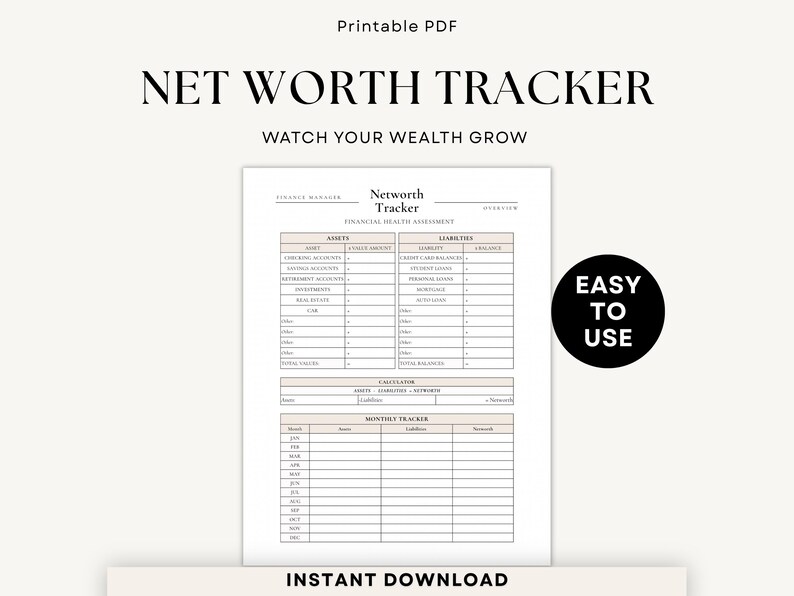 Net worth tracker printable PDF, minimalist finance planner, track assets and liabilities, financial overview worksheet, aesthetic budget planner