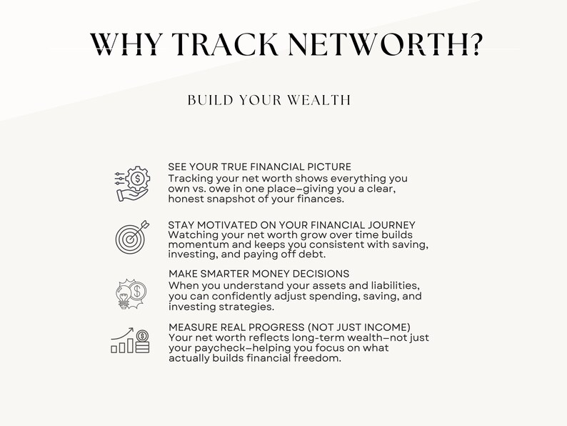 why track net worth benefits, financial planning worksheet, build wealth track progress improve money decisions printable planner
