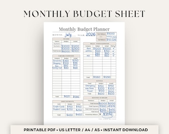 May include: A Monthly Budget Planner sheet for July 2026 with sections for income, variable expenses, fixed expenses, savings, debt payments, and a monthly summary. The document features handwritten blue ink entries for budget and actual amounts.