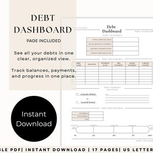 Debt dashboard printable page to track total debt balance, monthly payments, interest rates, and payoff goals in one organized overview sheet