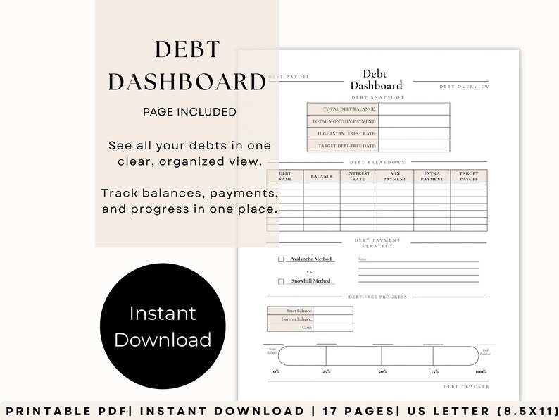 Debt dashboard printable page to track total debt balance, monthly payments, interest rates, and payoff goals in one organized overview sheet