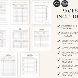 Credit card and loan payoff tracker printable pages including monthly and biweekly trackers, progress charts, and loan overview sheets for managing balances and payments