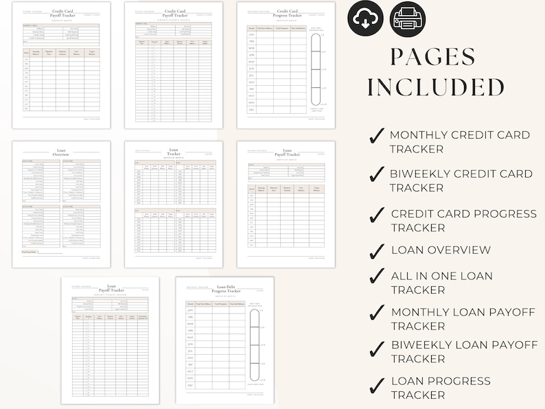 Credit card and loan payoff tracker printable pages including monthly and biweekly trackers, progress charts, and loan overview sheets for managing balances and payments