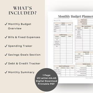 monthly budget planner sections, bills tracker, expense tracker, savings goals, debt tracker printable PDF