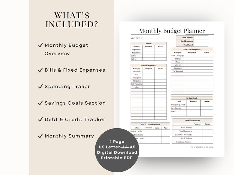 monthly budget planner sections, bills tracker, expense tracker, savings goals, debt tracker printable PDF