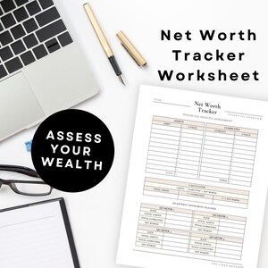 Net worth tracker worksheet aesthetic desk setup, printable finance planner, wealth tracking sheet, minimal neutral office flatlay