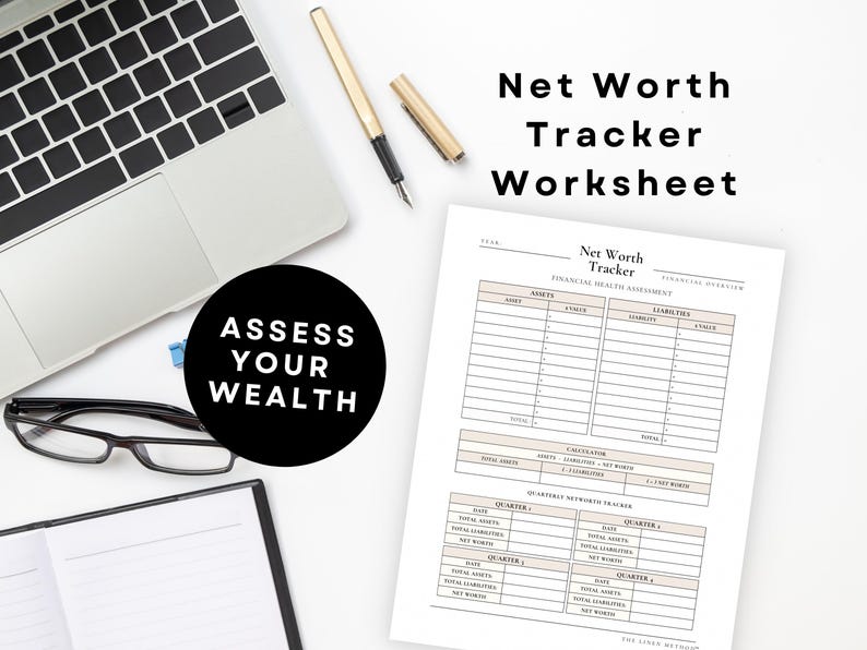 Net worth tracker worksheet aesthetic desk setup, printable finance planner, wealth tracking sheet, minimal neutral office flatlay