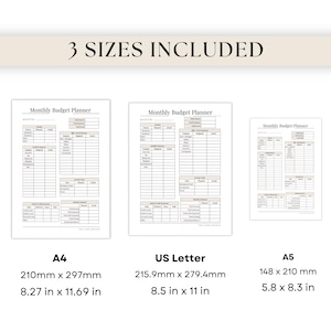 May include: Three sizes of monthly budget planners are displayed: A4 (8.27 x 11.69 in), US Letter (8.5 x 11 in), and A5 (5.8 x 8.3 in). Each planner features a grid layout with sections for income, expenses, and savings. The text "Monthly Budget Planner" is at the top.