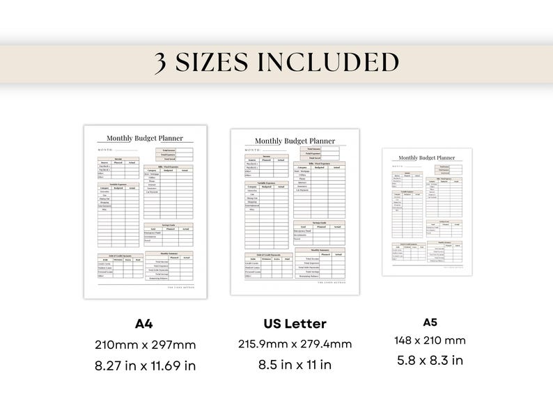 May include: Three sizes of monthly budget planners are displayed: A4 (8.27 x 11.69 in), US Letter (8.5 x 11 in), and A5 (5.8 x 8.3 in). Each planner features a grid layout with sections for income, expenses, and savings. The text "Monthly Budget Planner" is at the top.