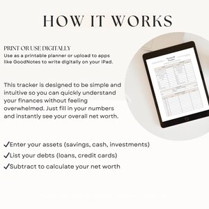 how to use net worth tracker printable, enter assets list debts calculate net worth, simple finance worksheet, digital planner PDF