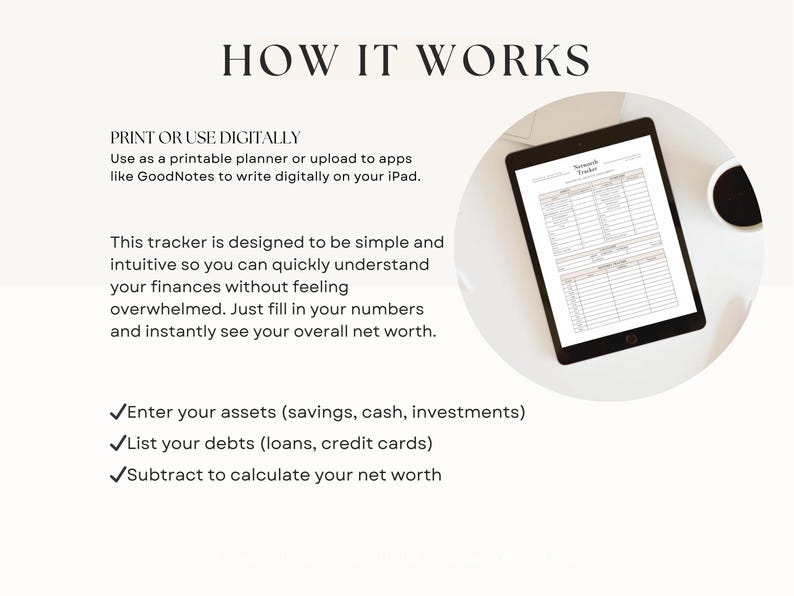 how to use net worth tracker printable, enter assets list debts calculate net worth, simple finance worksheet, digital planner PDF