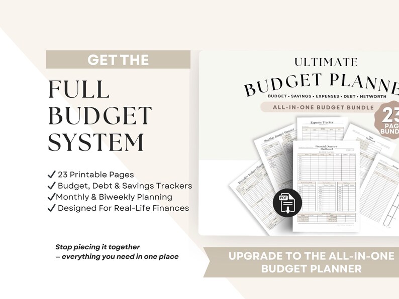 May include: A digital budget planner with the text "Ultimate Budget Planner" and "All-in-One Budget Bundle". The image includes printable pages for budget, debt, savings, and monthly planning. The text also says "Get the Full Budget System".