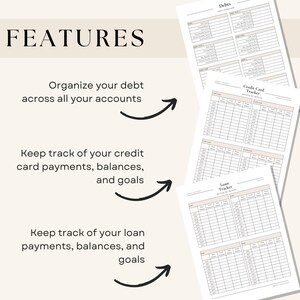 Debt payoff planner features including organizing all accounts, tracking credit card payments and balances, and managing loan payoff goals with simple printable worksheets