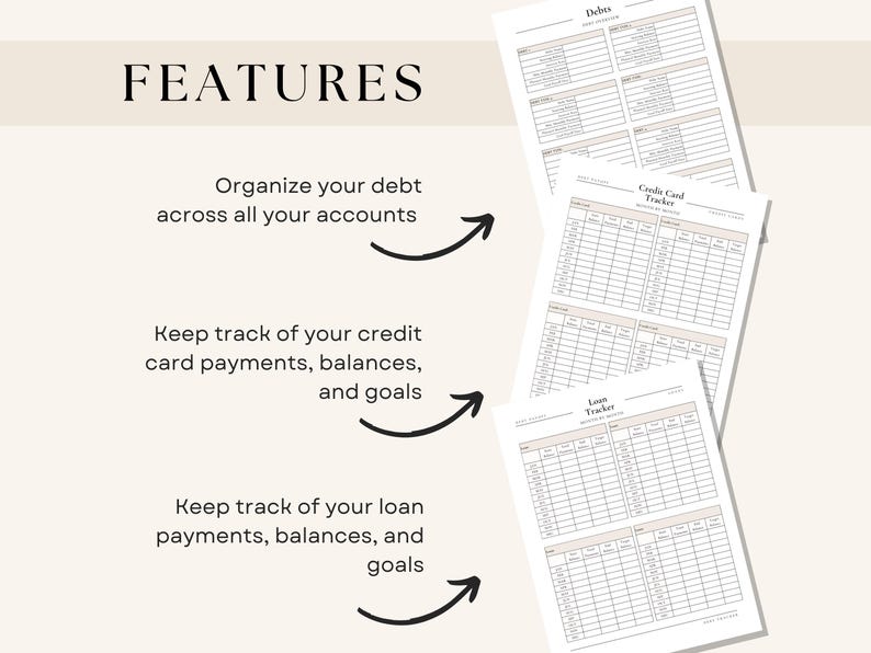 Debt payoff planner features including organizing all accounts, tracking credit card payments and balances, and managing loan payoff goals with simple printable worksheets