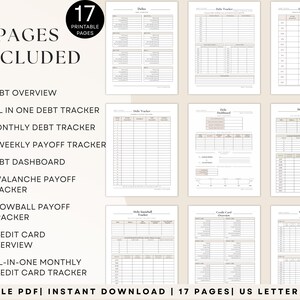 Printable debt payoff planner pages included such as debt overview, monthly and biweekly trackers, debt dashboard, avalanche and snowball payoff trackers, credit card and loan tracking sheets