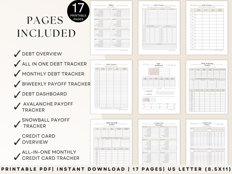 Printable debt payoff planner pages included such as debt overview, monthly and biweekly trackers, debt dashboard, avalanche and snowball payoff trackers, credit card and loan tracking sheets