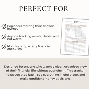 net worth tracker perfect for beginners, track assets debts and net worth, financial check in printable planner, wealth building tool