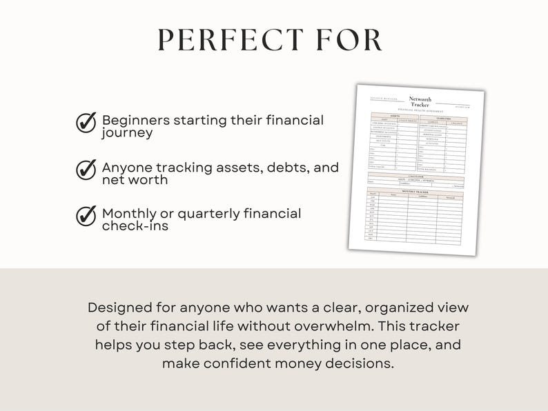 net worth tracker perfect for beginners, track assets debts and net worth, financial check in printable planner, wealth building tool