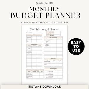 Op de afbeelding: Een afdrukbare PDF maandelijkse budgetplanner met de tekst "MONTHLY BUDGET PLANNER" en "SIMPLE MONTHLY BUDGET SYSTEM". De planner bevat secties voor inkomsten, uitgaven en spaardoelen. De woorden "EASY TO USE" staan in een zwarte cirkel.