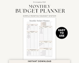 May include: A printable PDF monthly budget planner with the text "MONTHLY BUDGET PLANNER" and "SIMPLE MONTHLY BUDGET SYSTEM". The planner includes sections for income, expenses, and savings goals. The words "EASY TO USE" are in a black circle.