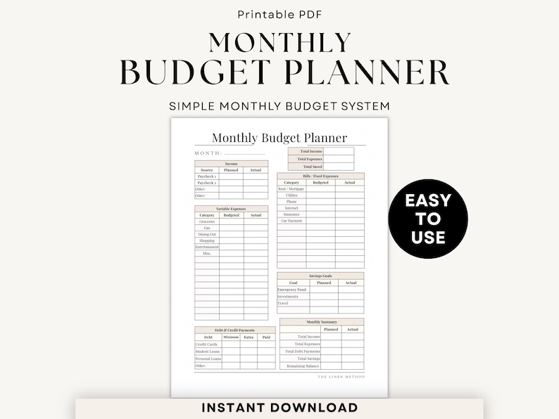 monthly budget planner printable PDF, digital download finance tracker, minimalist budget worksheet, expense tracker US letter