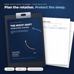 Könnte beinhalten: Ein ausdruckbarer ADHD-Nachtschichtplaner auf einem Klemmbrett. Das Deckblatt hat einen dunkelblauen Hintergrund mit weißem Text THE NIGHT SHIFT OPERATING SYSTEM, einer kreisförmigen Grafik und den Sätzen Plan the rotation, Protect the sleep.