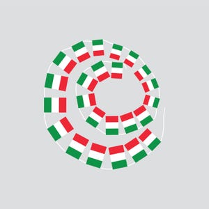 May include: A spiral design featuring small flags in green, white, and red, similar to the Italian flag. The flags are arranged in a circular pattern against a pale grey background. The design is simple and graphic.