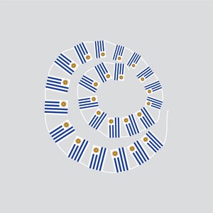 May include: A spiralling design composed of the Uruguayan flag. The flag features blue and white stripes and a yellow sun. The flags are arranged on a light grey background.