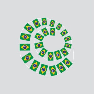 May include: A decorative spiral design composed of small Brazilian flags on a light grey backdrop. Each flag has a green background, a yellow diamond, and a blue globe with stars.