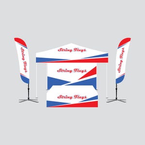 May include: A promotional display set featuring a white tent, two feather flags, and a table cover. The designs incorporate red and blue accents with the text "String Flags". The flags are mounted on black stands.