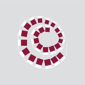 May include: An abstract spiral design on a light grey background. It features maroon squares alternating with white, jagged-edged shapes. The overall aesthetic is minimalist and geometric.