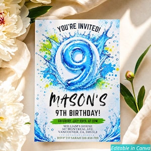 Vattenstänk 9-årsinbjudan pojke | Redigerbar Canvas-mall utskrivbar digital nedladdning Poolparty stänkfest vattenpistol 7:e 8:e födelsedag