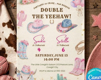 Invitation d'anniversaire pour jumelles sur le thème des cowgirls | Modèle Canva modifiable et imprimable