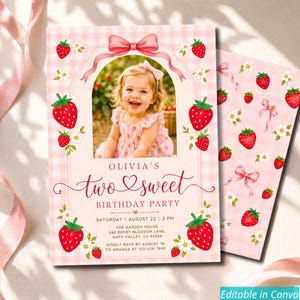 Editable Strawberry Birthday Invitation for Girls, Two Sweet Pink Template - Printable 2nd Birthday Party, Instant Canva PDF Download