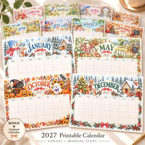 Pode incluir: Uma coleção de páginas de calendário imprimíveis para 2027 com ilustrações sazonais coloridas para cada mês, incluindo janeiro com um boneco de neve, maio com uma bicicleta, outubro com um gato preto e abóbora, e dezembro com um cervo.