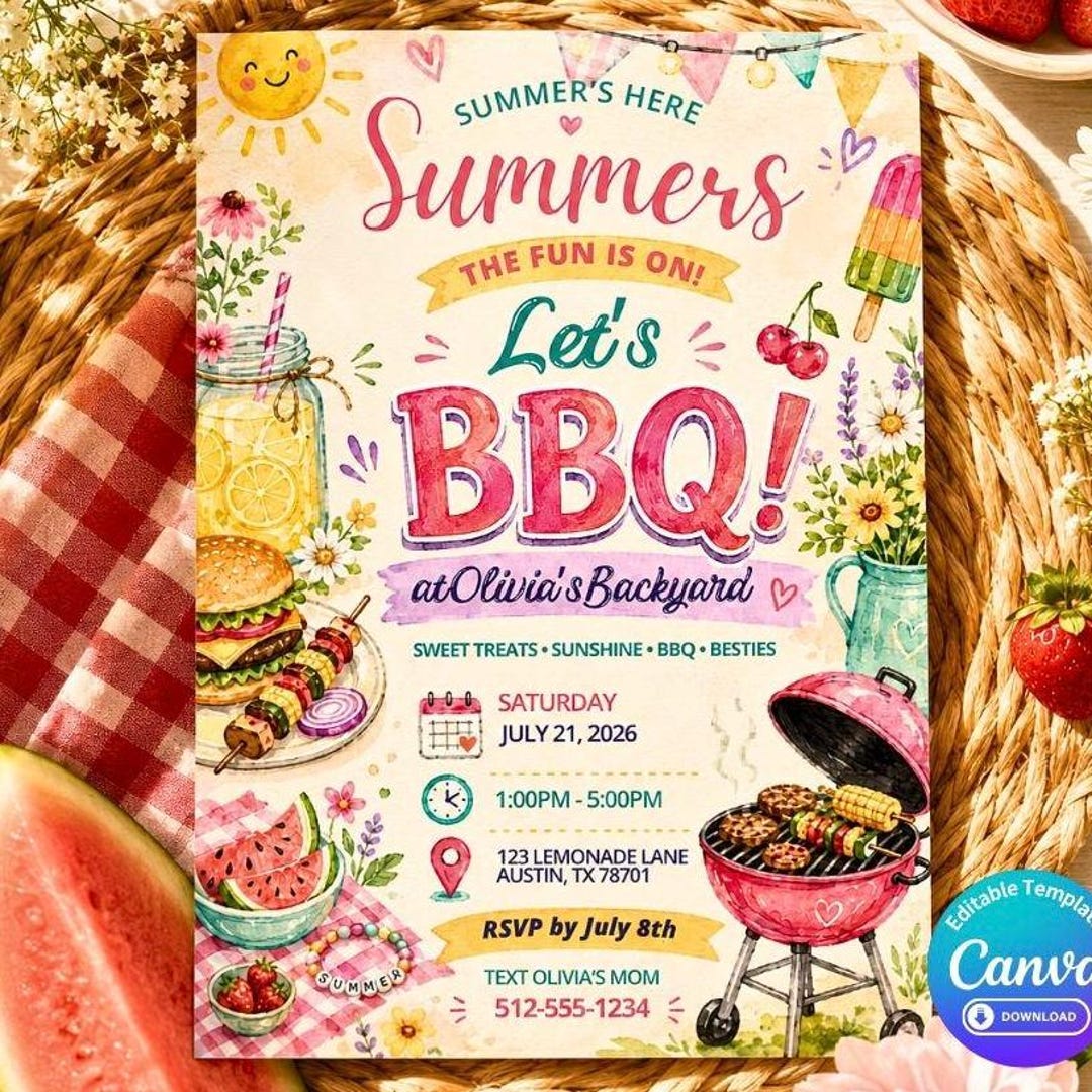 Summer BBQ Party Invitation Editable Canva Template | Printable ...