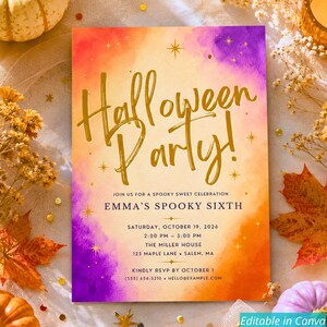 May include: A rectangular Halloween party invitation with a watercolor background in orange, yellow, and purple. The text reads Halloween Party! in gold script, followed by details for Emma's Spooky Sixth on Saturday, October 19, 2026, at The Miller House.