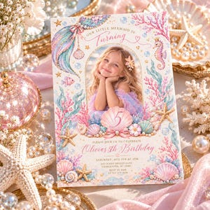 May include: A rectangular birthday invitation card featuring a watercolor mermaid theme with pink and blue coral, seashells, starfish, and a central oval frame containing a photograph of a young child. The text reads Our Little Mermaid Is Turning 5, Please Join Us To Celebrate Olivia's 5th Birthday, Saturday, Aug 4th at 2pm, 245 Ocean Breeze Lane, Charleston, SC 29401, RSVP to Sam at 555-274-8156.