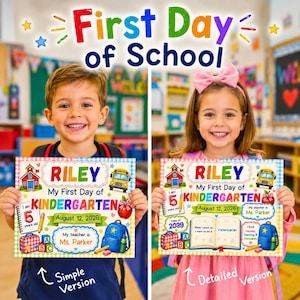 以下が含まれることがあります： Rileyという名前、2026年8月12日の日付、Ms. Parkerという教師名が記載された、初登校日用の長方形の看板2枚。看板には、校舎、バス、バックパック、学用品のカラフルなイラストが描かれています。